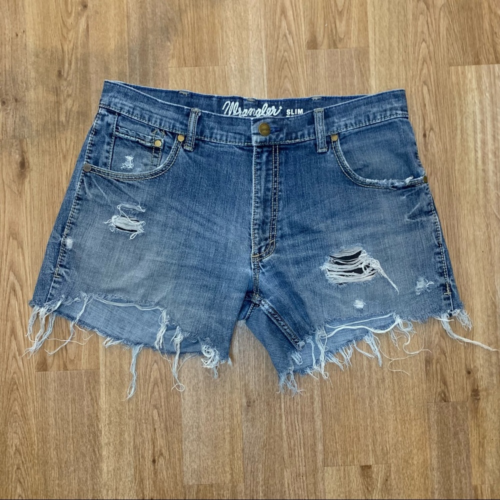 🤠🌊 Wrangler Jeans Cut Off Shorts Hand Distressed Authentic Wrangler Denim